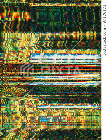 Glitch overlay. Distorted display. Multicolor striped background. 97176173