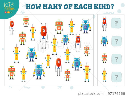How many of each kind cartoon robot counting game for kids vector illustration 97176266
