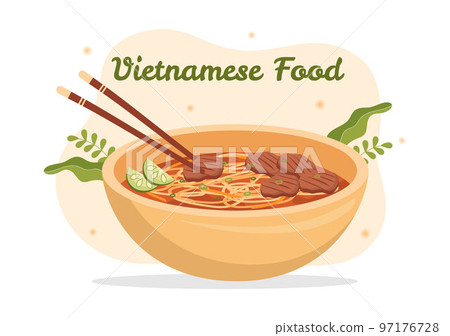 Vietnamese Food Restaurant Menu with Collection of Various Delicious Cuisine Dishes in Flat Style Cartoon Hand Drawn Templates Illustration 97176728