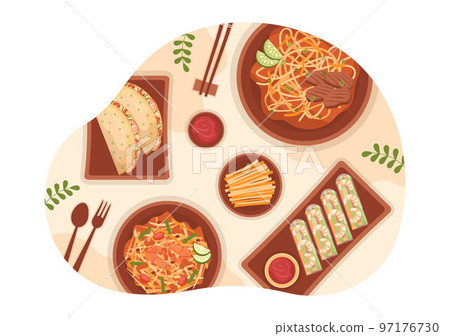 Vietnamese Food Restaurant Menu with Collection of Various Delicious Cuisine Dishes in Flat Style Cartoon Hand Drawn Templates Illustration 97176730