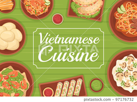 Vietnamese Food Restaurant Menu with Collection of Various Delicious Cuisine Dishes in Flat Style Cartoon Hand Drawn Templates Illustration 97176732