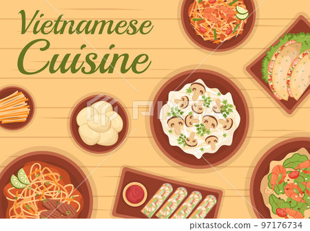 Vietnamese Food Restaurant Menu with Collection of Various Delicious Cuisine Dishes in Flat Style Cartoon Hand Drawn Templates Illustration 97176734