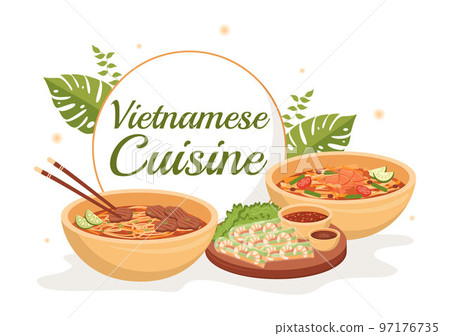 Vietnamese Food Restaurant Menu with Collection of Various Delicious Cuisine Dishes in Flat Style Cartoon Hand Drawn Templates Illustration 97176735