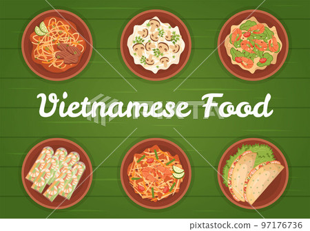 Vietnamese Food Restaurant Menu with Collection of Various Delicious Cuisine Dishes in Flat Style Cartoon Hand Drawn Templates Illustration 97176736