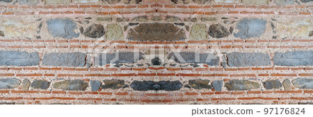 Sturdy blue and gray cut stone and red brick wall seamless lined up Sturdy blue and gray cut stone and red brick wall seamless lined up 97176824
