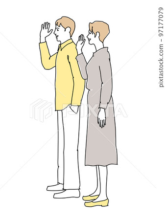 Men and women waving their hands in profile line drawing 97177079
