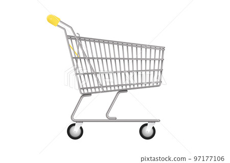 Empty classic shopping cart. Flat side view of shopping cart or trolley 97177106