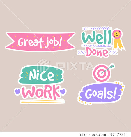 Job and great job groovy stickers pack. Set of reward stickers for teachers and kids. Hand drawn vector illustration. 97177261
