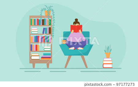 Flat illustration of a girl reading a book in a chair. Interior of a room or home library: armchair, flowers, books, shelves. 97177273