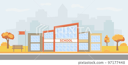 Illustration of an urban autumn landscape with a modern school building. Illustration of an urban autumn landscape with a modern school building. 97177448