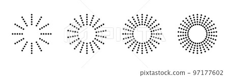 Dot radial circle lines. Circular radiating speed geometric lines. Sun star rays symbol. Abstract halftone striped design element. Motion lines. Vector illustration isolated on white background Dot radial circle lines. Circular radiating speed geometric lines. Sun star rays symbol. Abstract halftone striped design element. Motion lines. Vector illustration isolated on white background 97177602