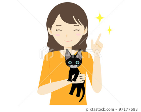 一個微笑的女人胸前抱著一隻小貓的上半身插圖 97177688