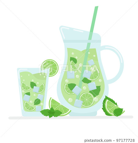 A pitcher and glass with citrus lemonade. Vector illustration of mojito cocktail with lime, mint and ice. Cold summer drinks. 97177728