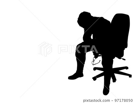 Silhouette of a worried businessman man taking off his glasses and sitting in a chair Illustration of a full body front view Silhouette of a worried businessman man taking off his glasses and sitting in a chair Illustration of a full body front view 97178050