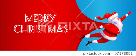 Santa Claus flying Superhero delivery huge bag of Christmas gifts. Merry Christmas banner 97178091
