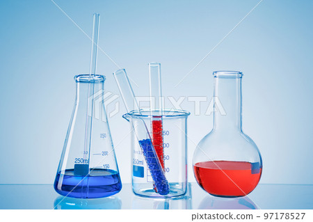 Laboratory Research concept. Scientific laboratory glassware with colourful liquid. 97178527