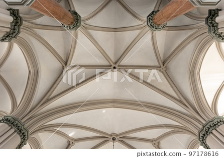 Details of the interior of the Catholic church in light colors. 97178616