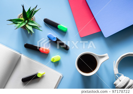 Flat lay with stationery items, pupil and student workplace concept. 97178722