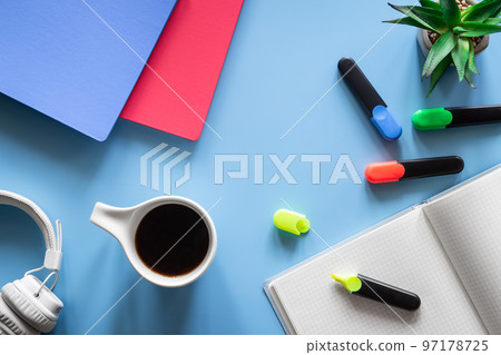 Flat lay with stationery items, pupil and student workplace concept. 97178725