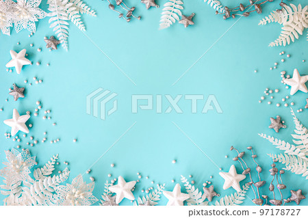 Flat lay, blue Christmas background with decor details, copy space. 97178727