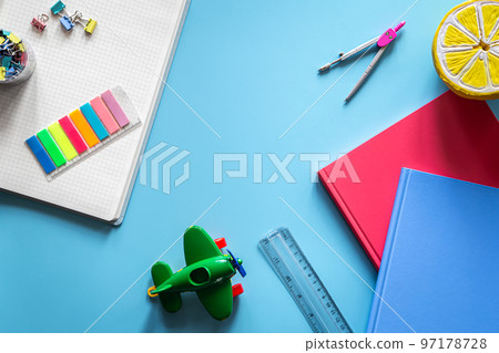 Flat lay with stationery items, pupil and student workplace concept. Flat lay with stationery items, pupil and student workplace concept. 97178728