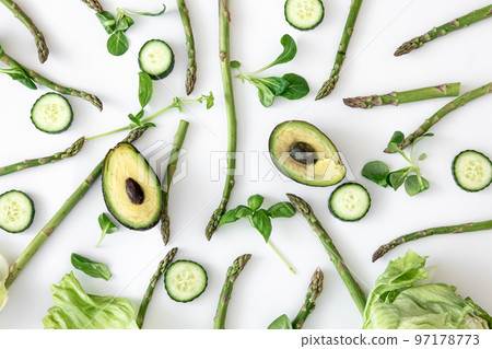 Flat lay, vegetables on white background, food and diet concept. Flat lay, vegetables on white background, food and diet concept. 97178773