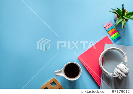 School supplies stationery on a blue background, copy space. School supplies stationery on a blue background, copy space. 97179012