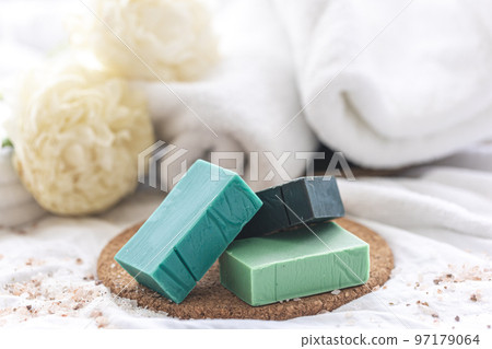 Spa composition with colorful handmade soap close-up. Spa composition with colorful handmade soap close-up. 97179064