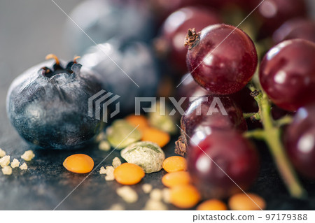 Natural background with different wild berries, macro shot. 97179388