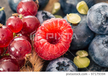 Natural background with different wild berries, macro shot. Natural background with different wild berries, macro shot. 97179394