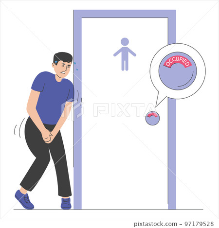Man standing at the closed toilet door 97179528