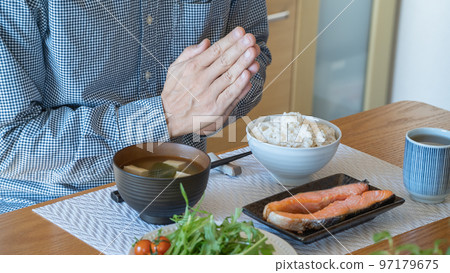 People who put their hands together before eating | Men who eat Japanese food People who put their hands together before eating | Men who eat Japanese food 97179675