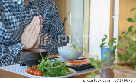 People who put their hands together before eating | Men who eat Japanese food People who put their hands together before eating | Men who eat Japanese food 97179676