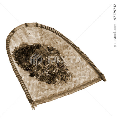 Ancient farming tools drawn by watercolor, buckwheat and buckwheat husks, sepia tone, white background, transparent background 97179742