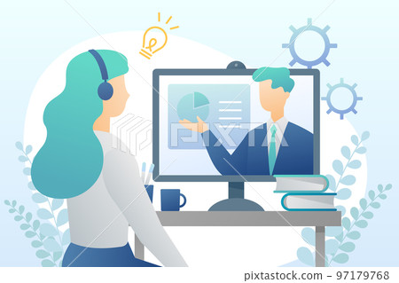 A woman taking an online lecture from a male lecturer 97179768