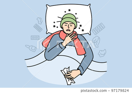 Sick guy suffering from cold, flu, sore throat or coronavirus. 97179824