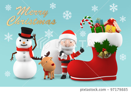 聖誕老人、馴鹿和雪人聖誕賀卡 97179885