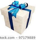 Christmas present of typography striped present with blue ribbon 97179889