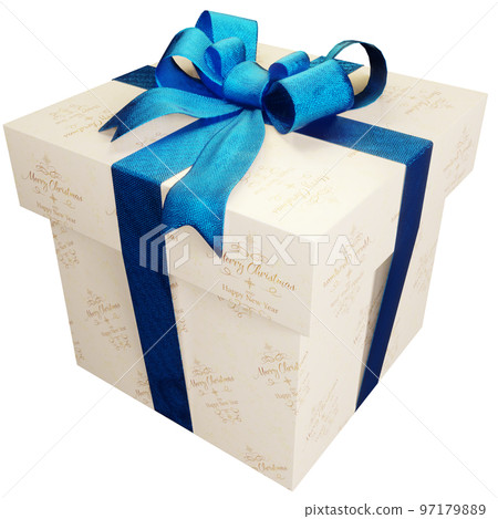 Christmas present of typography striped present with blue ribbon 97179889