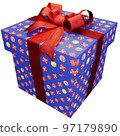 Christmas present of ball striped present with red ribbon 97179890