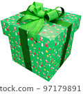 Christmas present of Christmas decors striped present with green ribbon 97179891
