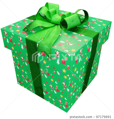 Christmas present of Christmas decors striped present with green ribbon 97179891