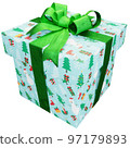 Christmas present of Christmas decors striped present with green ribbon 97179893