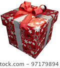 Christmas present of star striped present with green ribbon 97179894