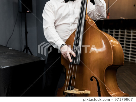 musician in a white shirt plays the double bass 97179967