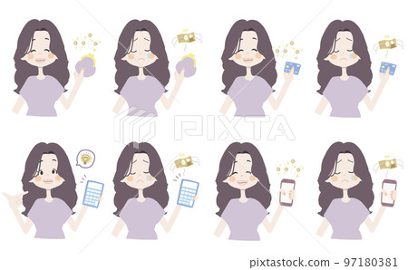 [錢插圖/拿著錢包、卡片、計算器和智能手機的女孩] 面部表情和姿勢的變化集 97180381