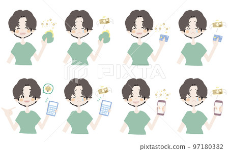 [錢插圖/拿著錢包、卡片、計算器和智能手機的女孩] 面部表情和姿勢的變化集 97180382