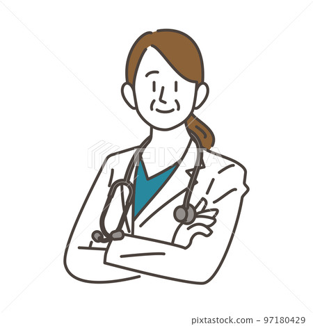 A senior female doctor wearing a white coat and holding a stethoscope and folding her arms with a smile [vector illustration material] 97180429