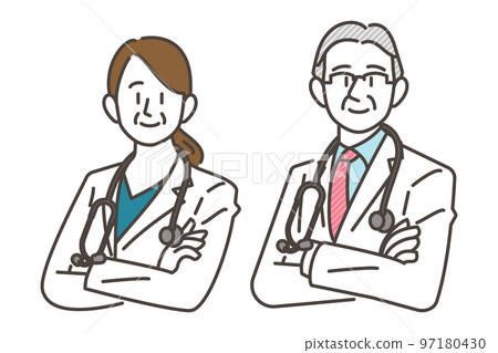 Senior male and female doctor wearing a white coat and lowering a stethoscope and folding his arms with a smile [vector illustration material] 97180430