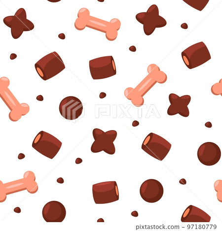 Dry pet food pattern. Seamless print of dog meal cartoon flat style, snacks for domestic and street animals colorful background. Vector texture Dry pet food pattern. Seamless print of dog meal cartoon flat style, snacks for domestic and street animals colorful background. Vector texture 97180779